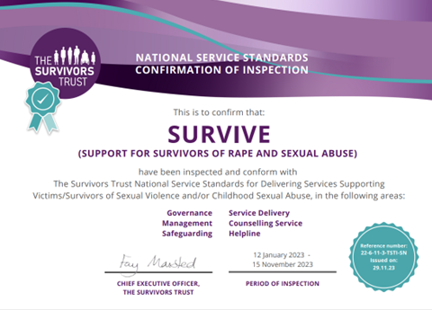 Certificate from The Survivors Trust